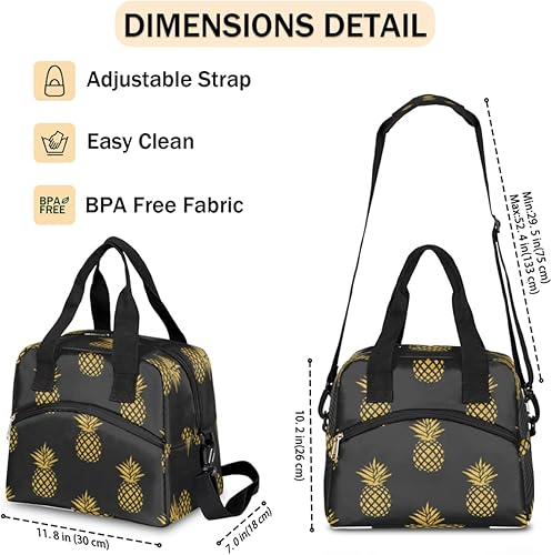 Miniatura 2 de Bolsa de almuerzo aislada para mujeres y hombres diseño de piña dorada color negro reutilizable bolsa de almuerzo grande para el trabajo picnic