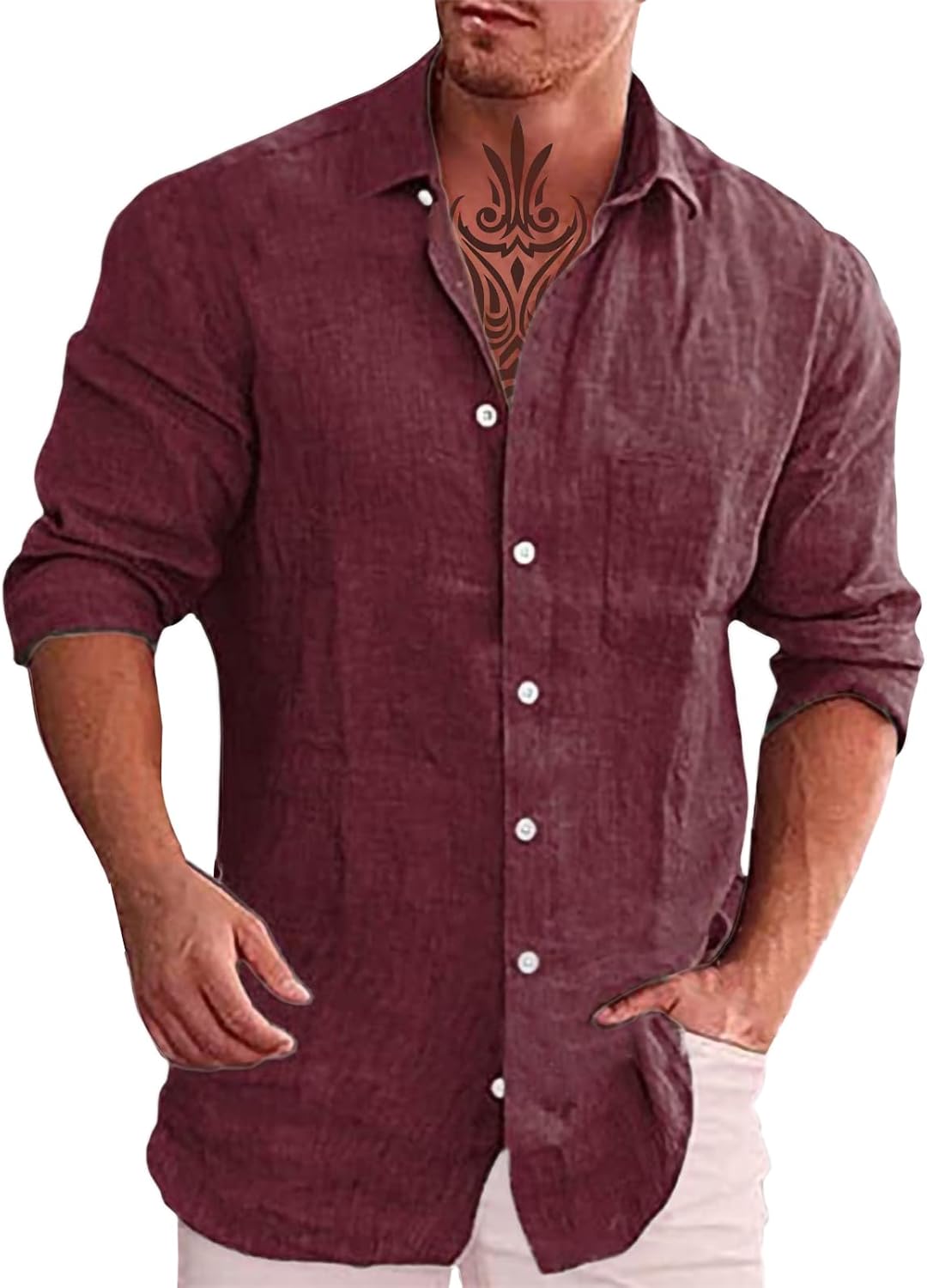 Casual Shirts for Men Plain Relaxed Button Down Streetwear Stretch Long Sleeve V Neck Comfortable Shirt