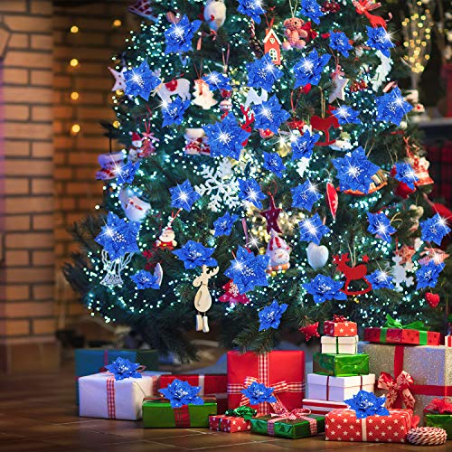 Flores Navideñas Artificiales Poinsettia Azul con Purpurina para Árbol de Navidad 24 Piezas 8