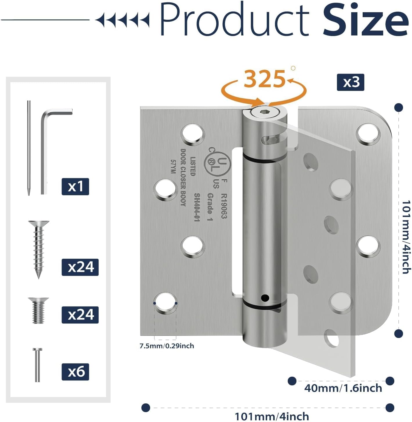 3-Pack Self Closing Door Hinges, 4 Inch Spring Loaded Hinges with Square & 5/8'' Radius Corners, Adjustable Tension for Garage, Front Back Door,Left Right Hand Door,UL Listed,Brushed Nickel