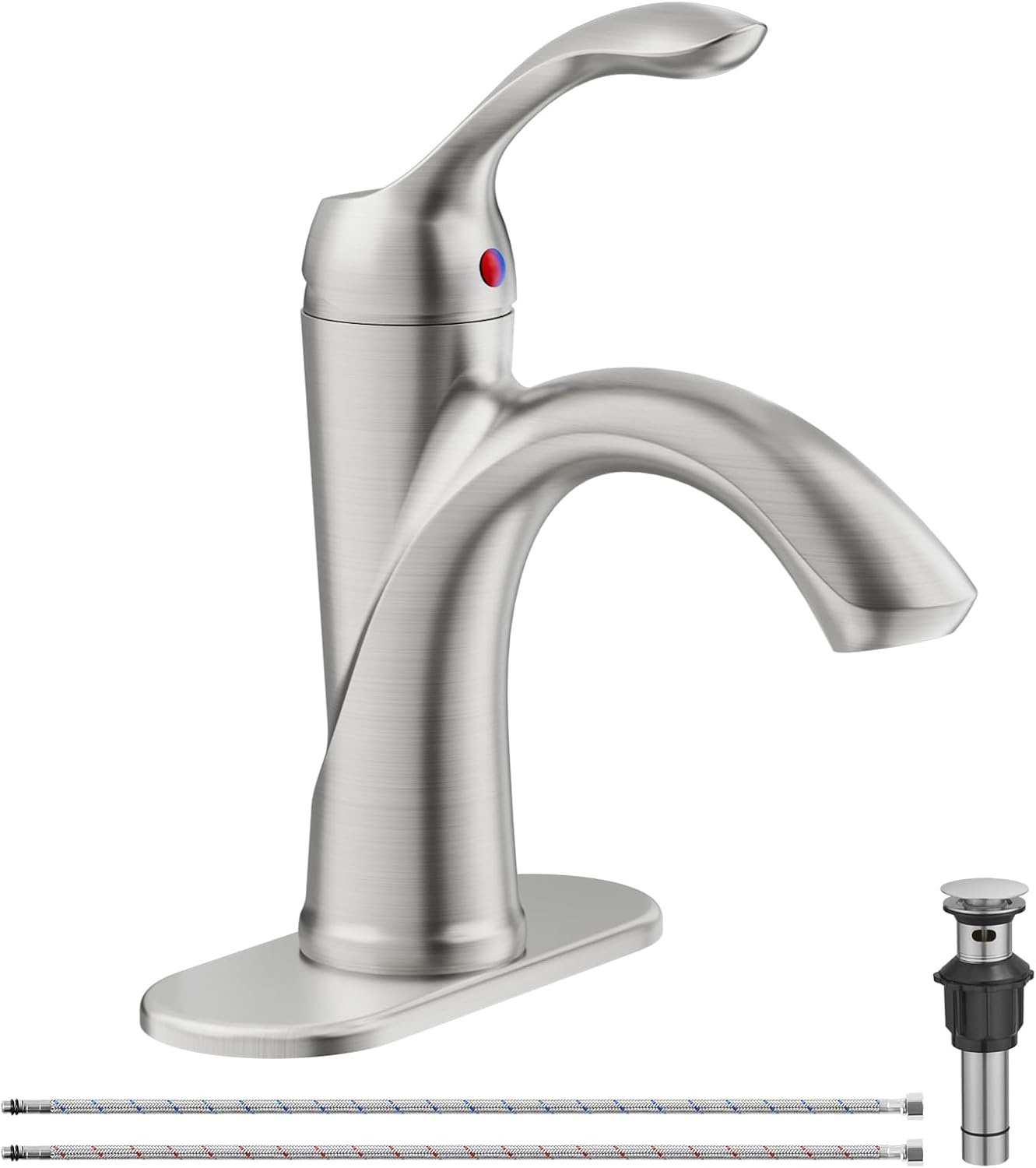Bathroom Sink Faucet Brushed Nickel Single Handle One Hole Vanity Satin Sink with Pop Up Drain Assembly Bath with Overflow Stream Basin Mixer Tap Lavatory Commercial Supply Line