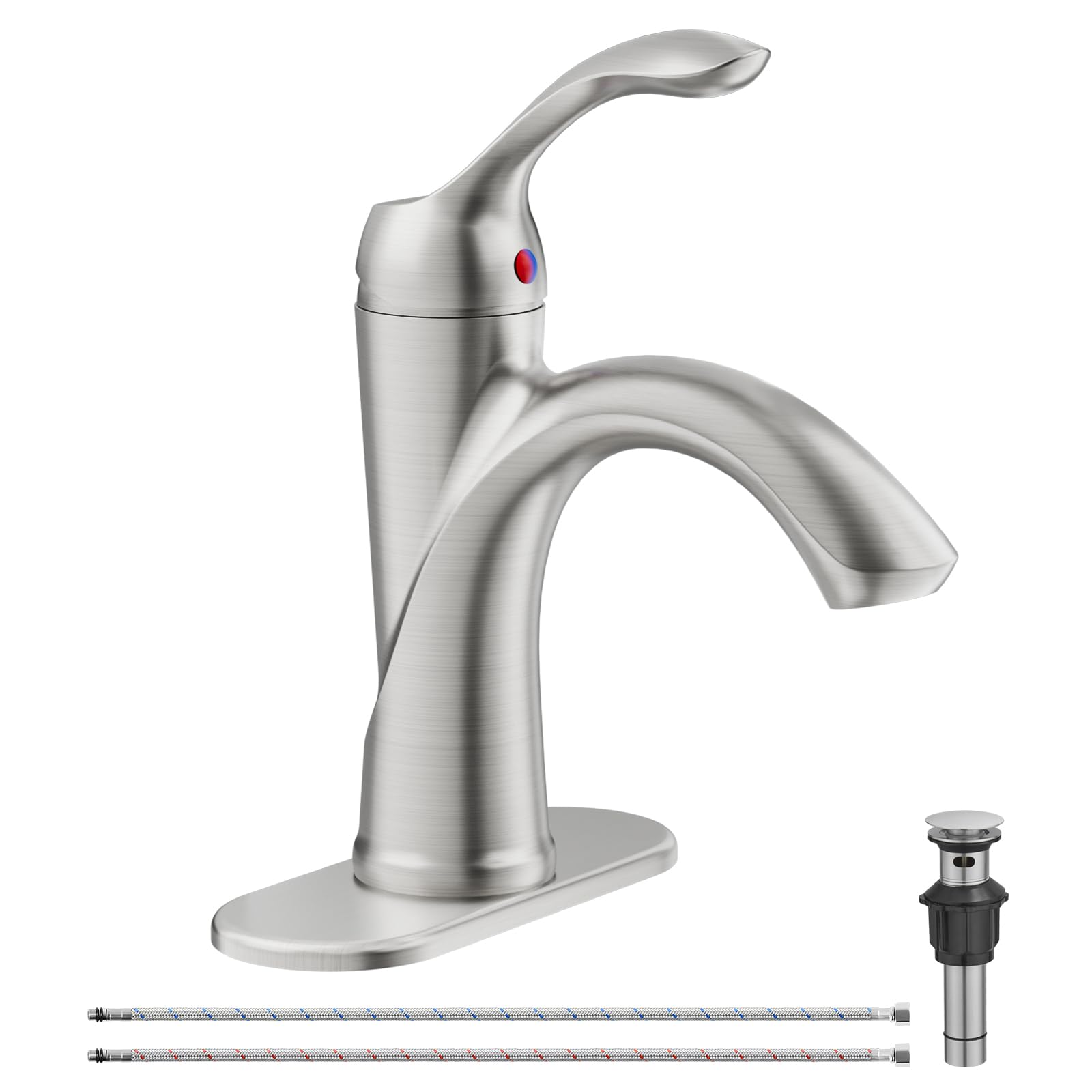 Bathroom Sink Faucet Brushed Nickel Single Handle One Hole Vanity Satin Sink with Pop Up Drain Assembly Bath with Overflow Stream Basin Mixer Tap Lavatory Commercial Supply Line
