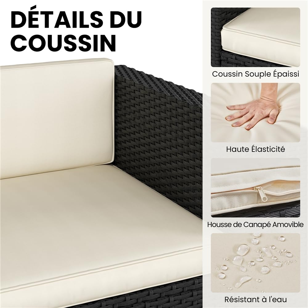 Yaheetech Salon de Jardin Exterieur 4 Personnes en Polyrotin Ensemble Mobilier de Jardin 5 Pièces avec 3 Canapé Modulables 1 Table Basse 1 Ottomane pour Balcon Bistro Patio Terrasse Noir/Beige