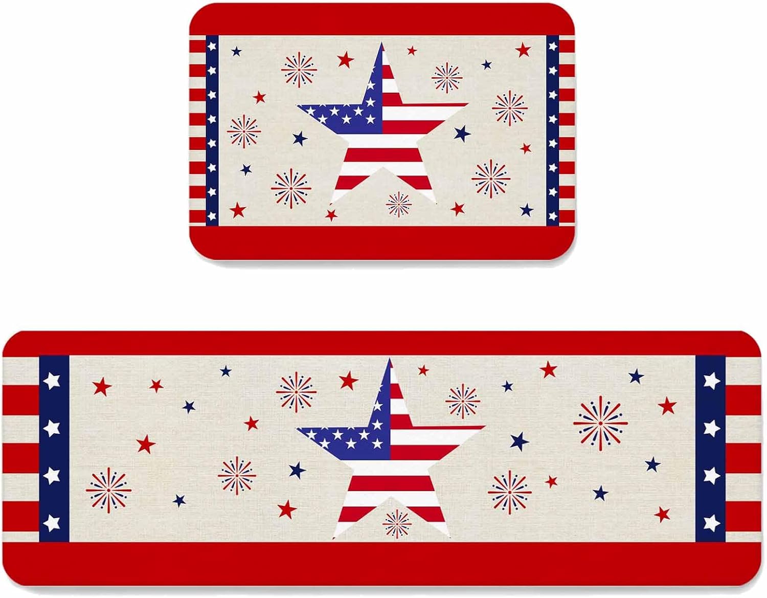 Prime Leader Independence Day Kitchen Mat Set 2 Pieces Flag Day Retro Blue Red Star Fireworks Stripes Non Slip Kitchen Rugs Washable Runner Rug Mats for Sink Laundry (19.7" x 31.5"+19.7" x 47.2")