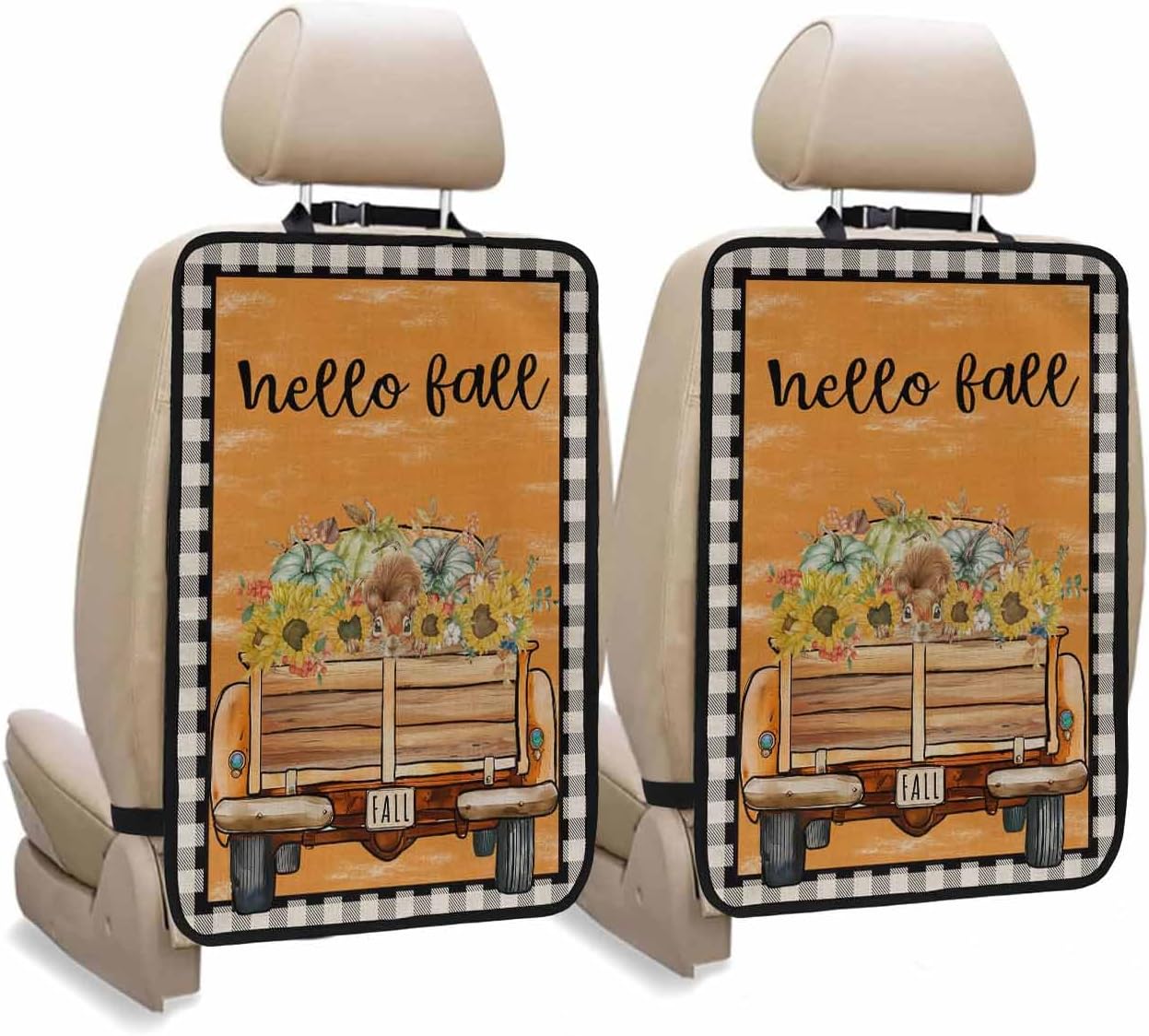 Car Seat Protector, 2 Pack Kick Mats Back Seat Protector Fall Watercolor Truck Pumpkin Sunflower Squirrel Brown Plaid Waterproof Backseat Cover for Kids Universal Fit Automotive Interior Protectors