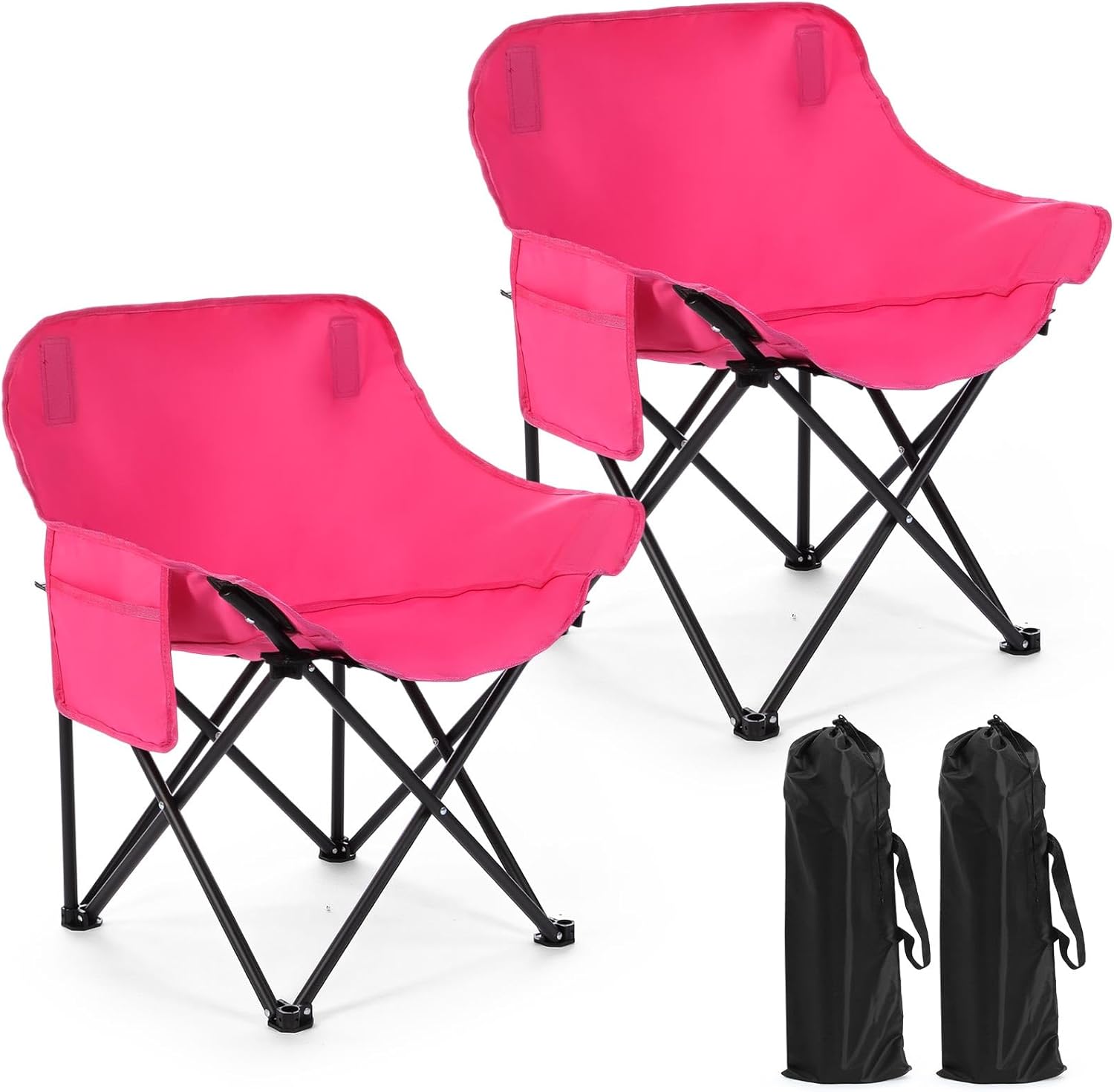 2 Pack Compact Camping Chairs Portable Folding for Outside with Carry Bag Lightweight Moon Chairs for Travel Picnic Hiking Beach Fishing, 600D Oxford, Supports 330lbs(Pink)