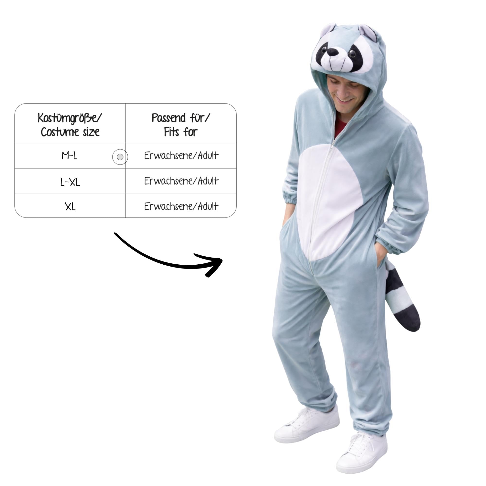 Ikumaal Waschbär-Kostüm, J21 M-XL, Erwachsen-e Männer Frau-en, Wasch-bär Waschbären Kostüm-e Fasching Karneval Fasnacht Faschingskostüm-e Karnevalskostüm-e