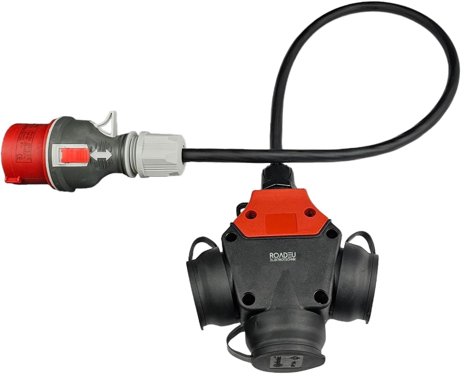 RoadEu - Adaptateur de Chantier Triphasé 16A | Fiche CEE 5P 400V vers 3X Prises 230V | Rallonge Industrielle 0,5 m Câble Caoutchouc | Répartiteur de Phases IP44