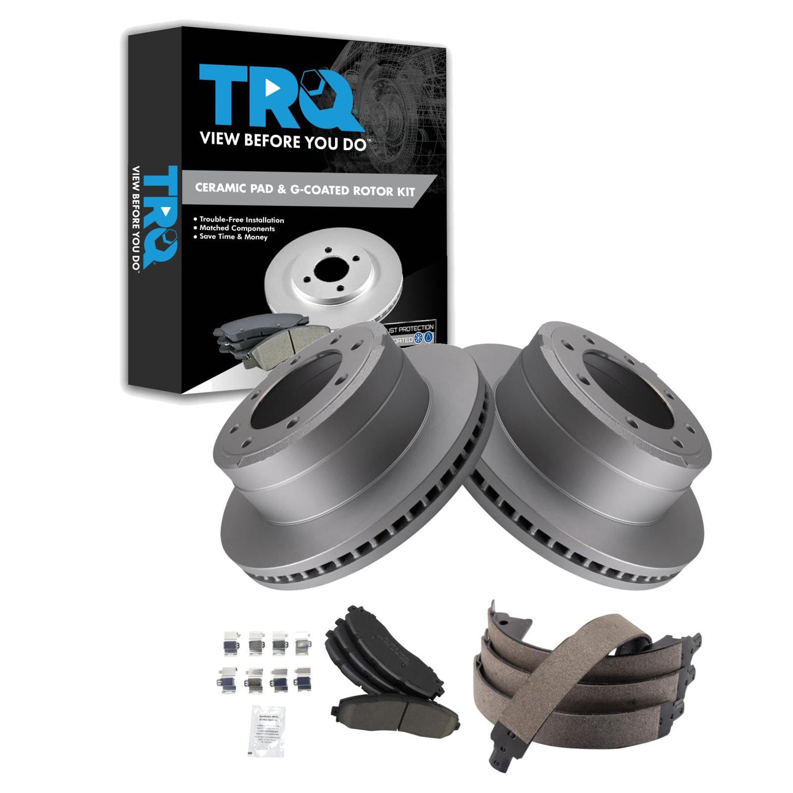 TRQ Rear Brake Pad &amp; Rotor Kit Parking Brake Shoe Set Ceramic Premium G-Coated Compatible with 2013-2021 Ford F-250 Super Duty F-350 Super Duty