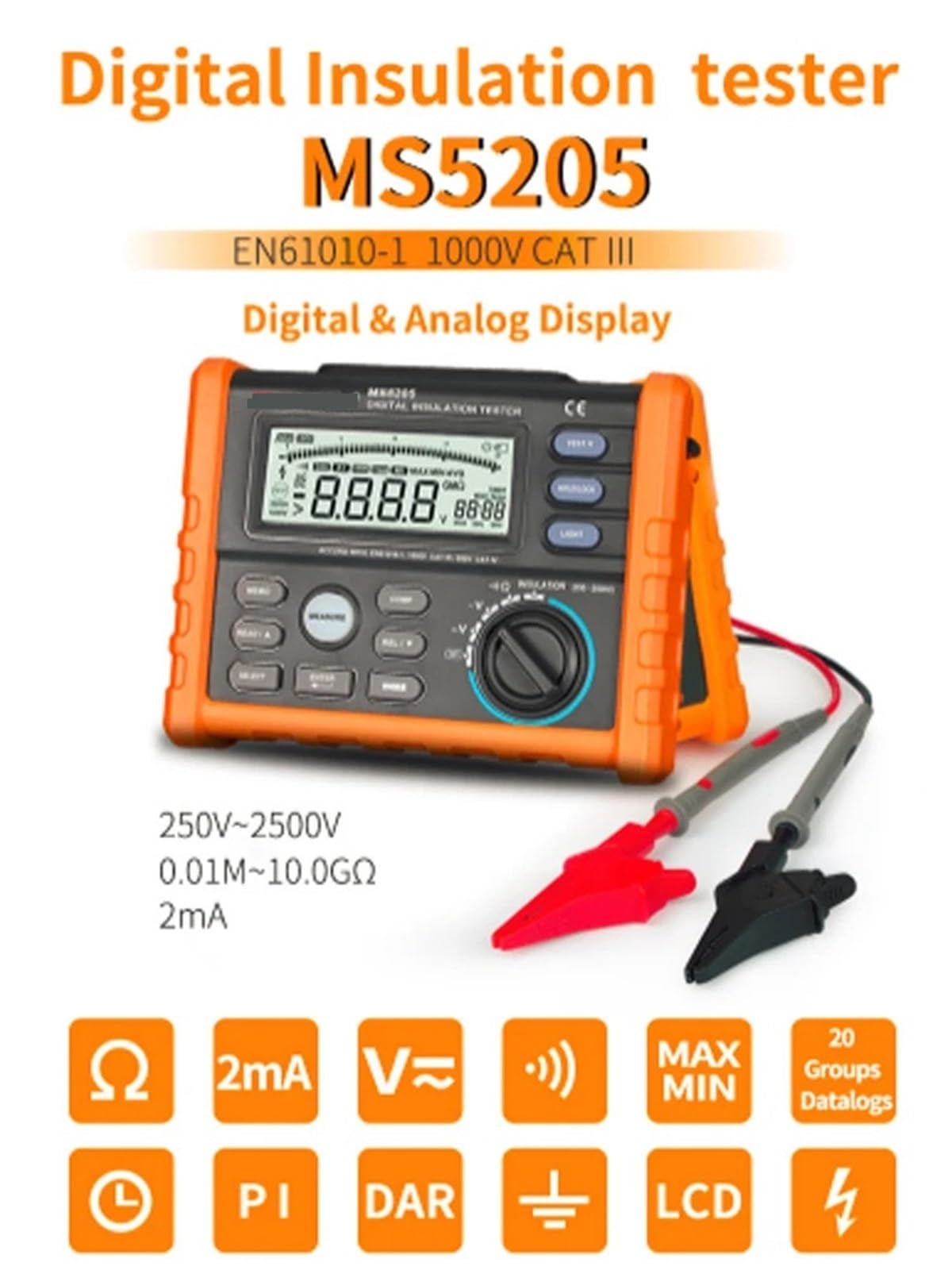 Elektroniczny tester obciążenia, MS5205 Cyfrowy miernik rezystancji izolacji 0,01-100G ohm 250V-2500V Tester Analogowy megaomów