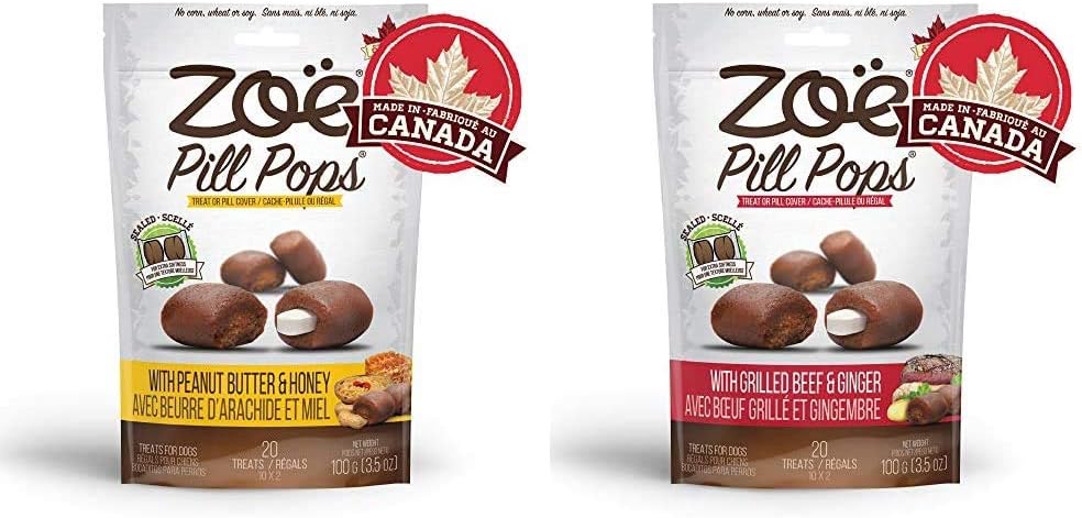 ZOË Pill Pops for Dogs, All Natural, Healthy Dog Treats, Grain-Free, Peanut Butter with Honey, Grilled Beef with Ginger, 2-Pack