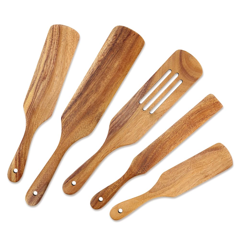 Wooden Spurtle Set As Seen On TV, AOOSY 5 Pcs Natural Acacia Wood Spatula Kitchen Tools Utensil Set Heat Resistant Non Stick Wood Cookware, Slotted Spatula for Stirring
