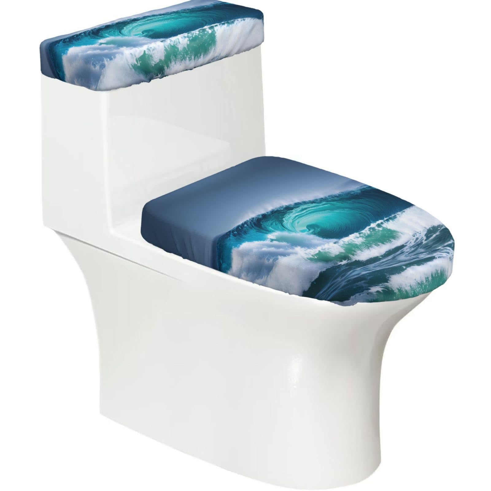 Ocean Wave Printed Toilet Tank and Lid Cover Set of 2 for Most Bathrooms, Fits Elongated Round Toilets
