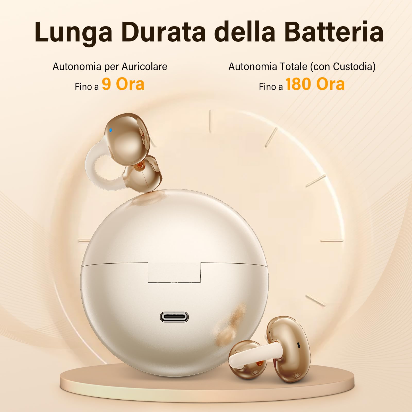 Cuffie sportive a conduzione ossea,design innovativo con clip auricolare per corsa e fitnes,durata della batteria di 180 ore,vestibilità sicura, resistenti all'acqua e alla polvere(Tonalità pelle)