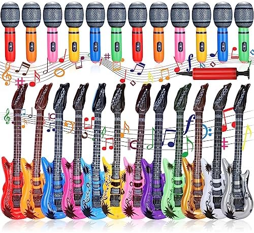 36 Pcs Colorful Inflatable Instruments Rock Star Toy Set Including 12 Pcs Plastic Inflatable Microphones, 24 Pcs Inflatable Guitars and 2 Inflator for Musical Concert Themed Party Decoration