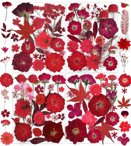 150PCS Red Dried Pressed Flowers with Butterfly Stickers - YouthBro Real Nature Flowers Herb Set for Resin DIY Jewelry Candle Soap Vase Making Nail Card Scrapbook Art Craft Floral Decors