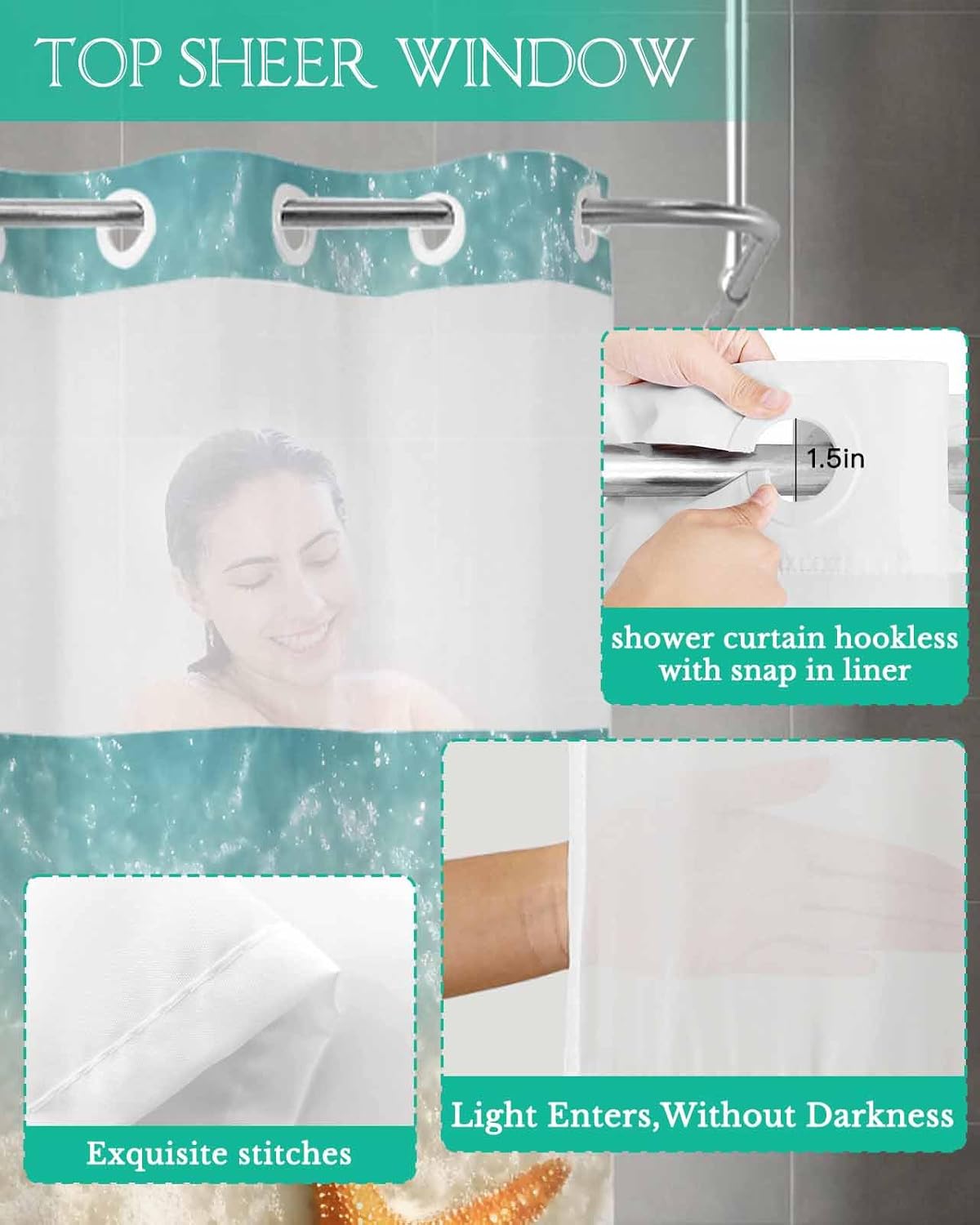 No Hook Shower Curtain with Snap-in Liner, Coastal Summer Waterproof Fabric Bathroom Curtains, Yellow Starfish Ocean Green Water Bath Curtains & Mesh Top Window Standard 72''x72''