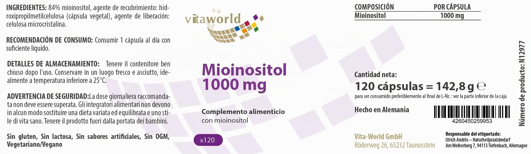 Pack de 3 Vita World Myo Inositol 1000mg 3 x 120 Cápsulas Vegetales Made in Germany