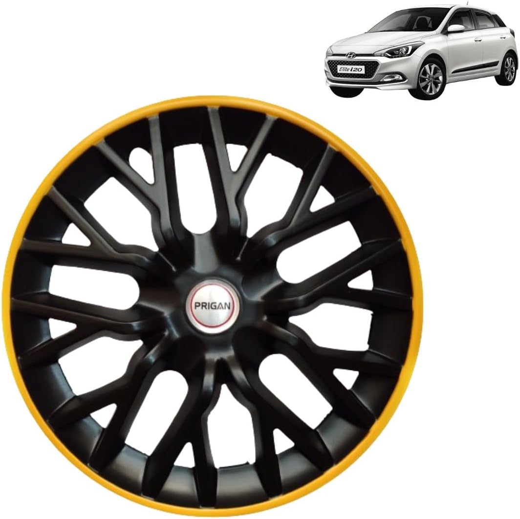 Prigan Wheel Cover for Hyundai Elite I20 Old 14 Inch Black Yellow Wheel Cap (Available in 12,13,14 Inch) (Set of 4 Pcs) (Press Fitting) Model- Power GT Yellow-14