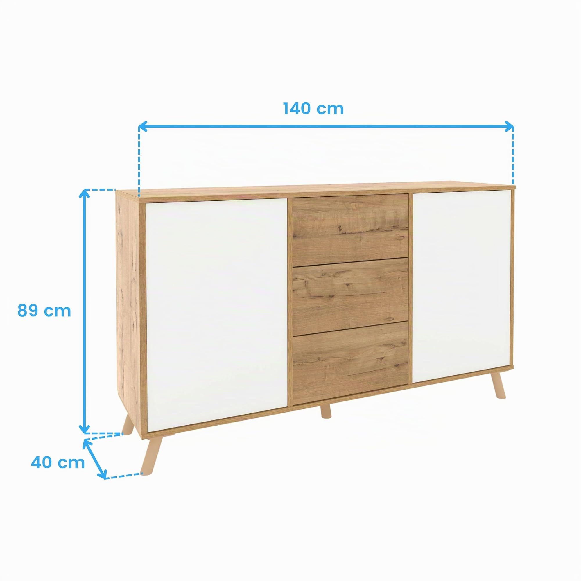 Aparador Salón Comedor, Buffet, Mueble Auxiliar, 2 puertas y 3 Cajones, Roble Gold con puertas blancas, 89x140x40cm, Despensa, Cocina, Despacho, Tirador Push o Pulsador, Moderno, Nórdico, modelo Oslo