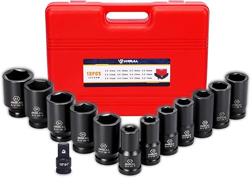 Anbull Juego de llaves de vaso de impacto profundo de 3/4 pulgadas, combinación métrica de 12 piezas, tamaños de 0.669 in, 0.748 in, 0.827 in, 0.866