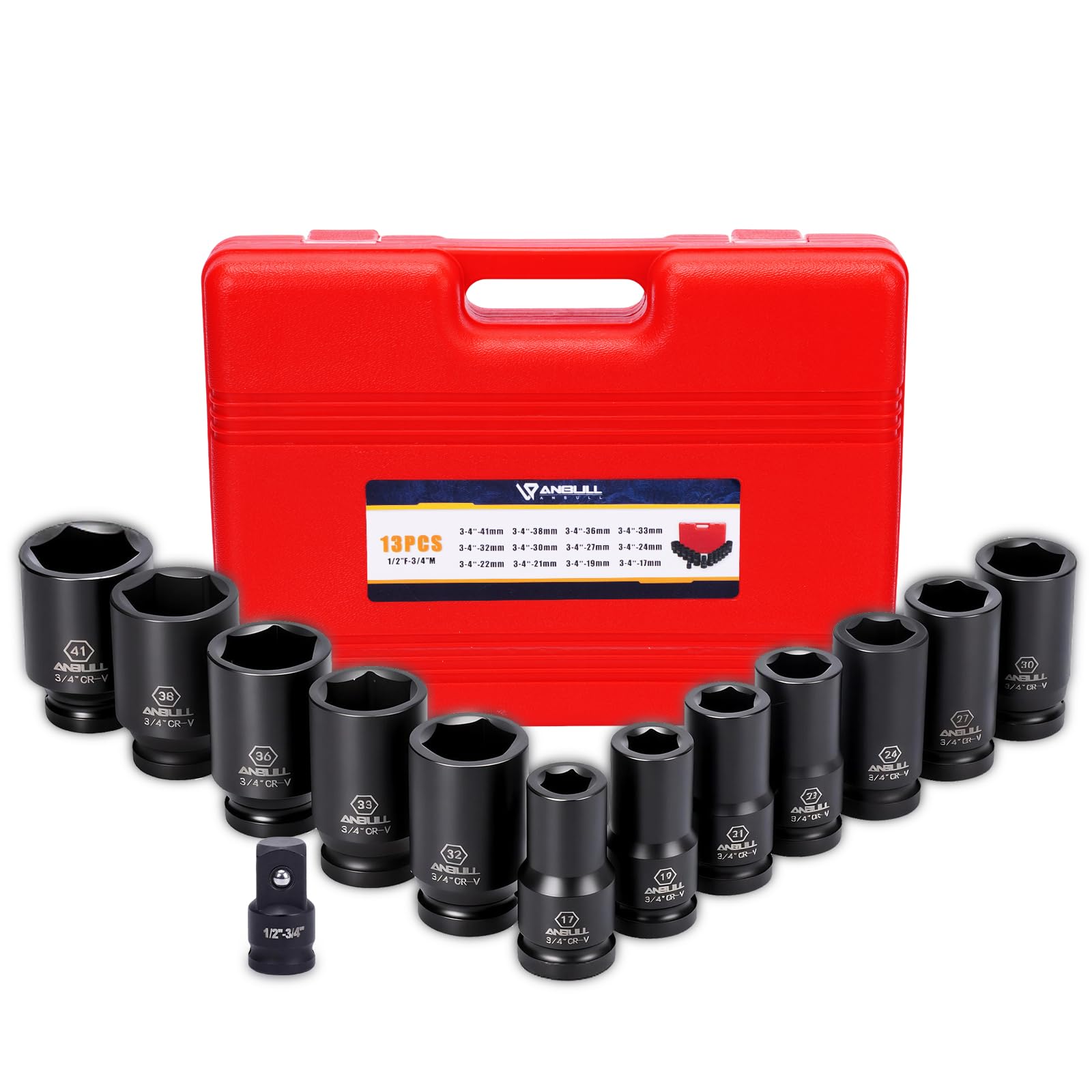Anbull 3/4 Inch Drive Deep Impact Socket Set, 13 Piece Metric Combination, Sizes 17mm 19mm 21mm 22mm 24mm 27mm 30mm 32mm 33mm 36mm 38mm 41mm Hex