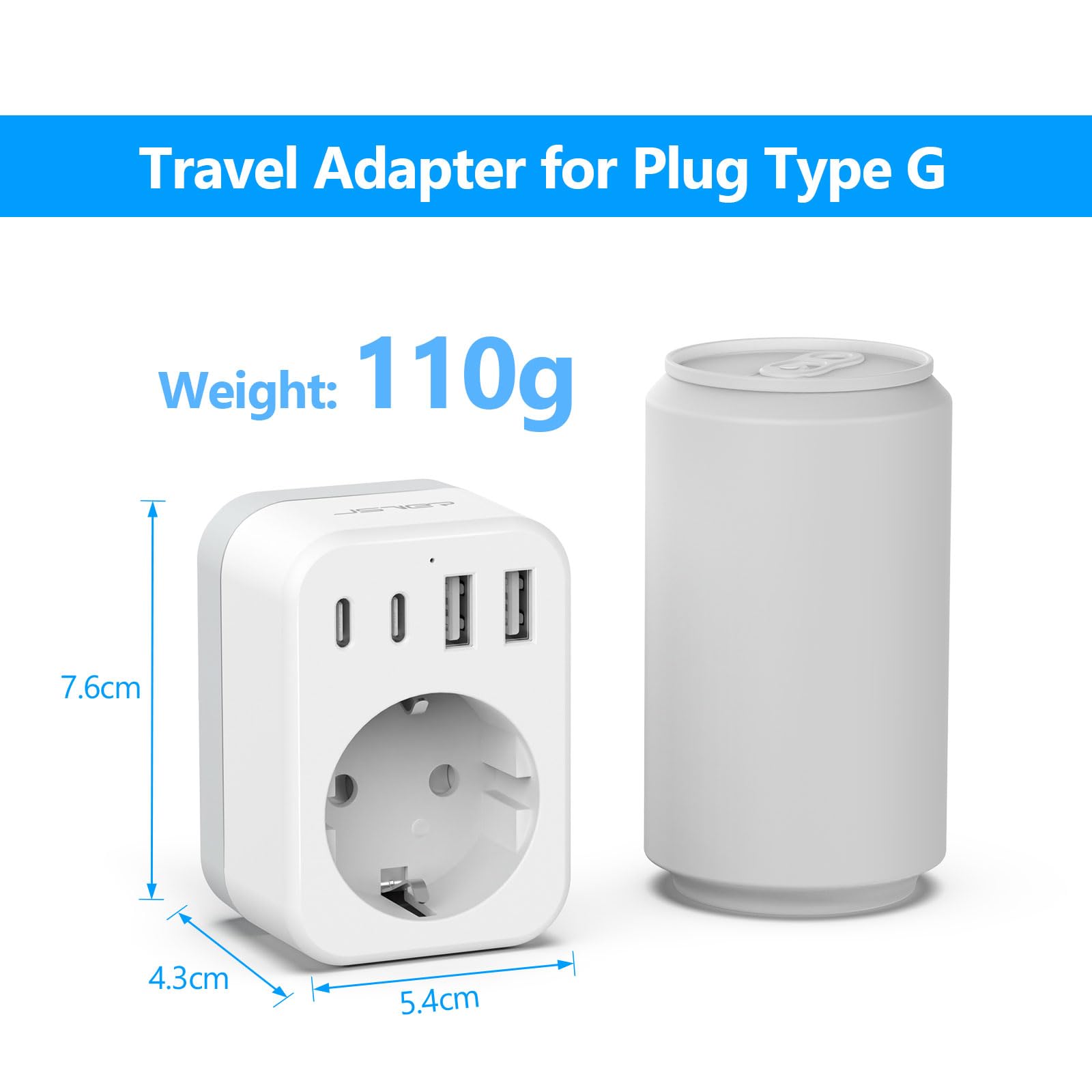 JSVER Adaptateur Prise Anglaise,Adaptateur Voyage France/Europe vers UK,Connecteur Prise avec 2 USB A et 2 Type C,Type G pour l'Angleterre,l'Irlande,Dubaï,Les Maldives et Hong Kong (Blanc)