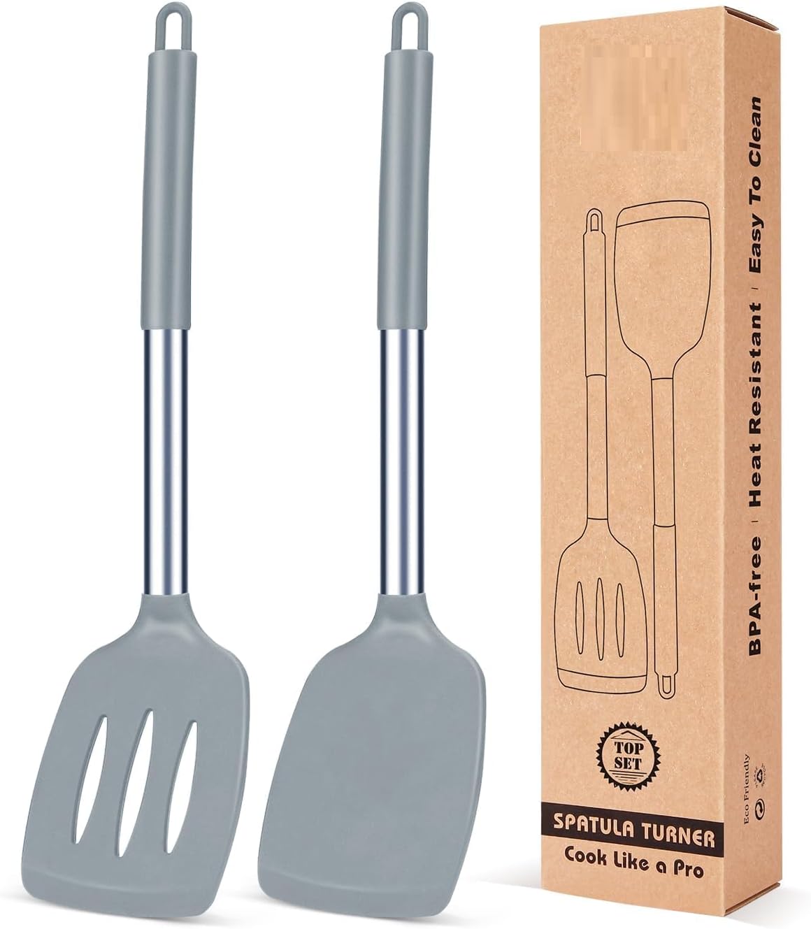 Pack of 2 Silicone Solid Turner and Slotted Spatula Non Stick High Heat Resistant BPA Free Cooking Utensils for Fish Eggs Pancakes Omelette Cooking (Gray)
