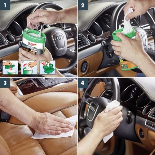 SONAX LederPflegeTücher Box (25 Stück) reinigen schnell, einfach und gründlich alle Oberflächen aus Glattleder | Art-Nr. 04123000