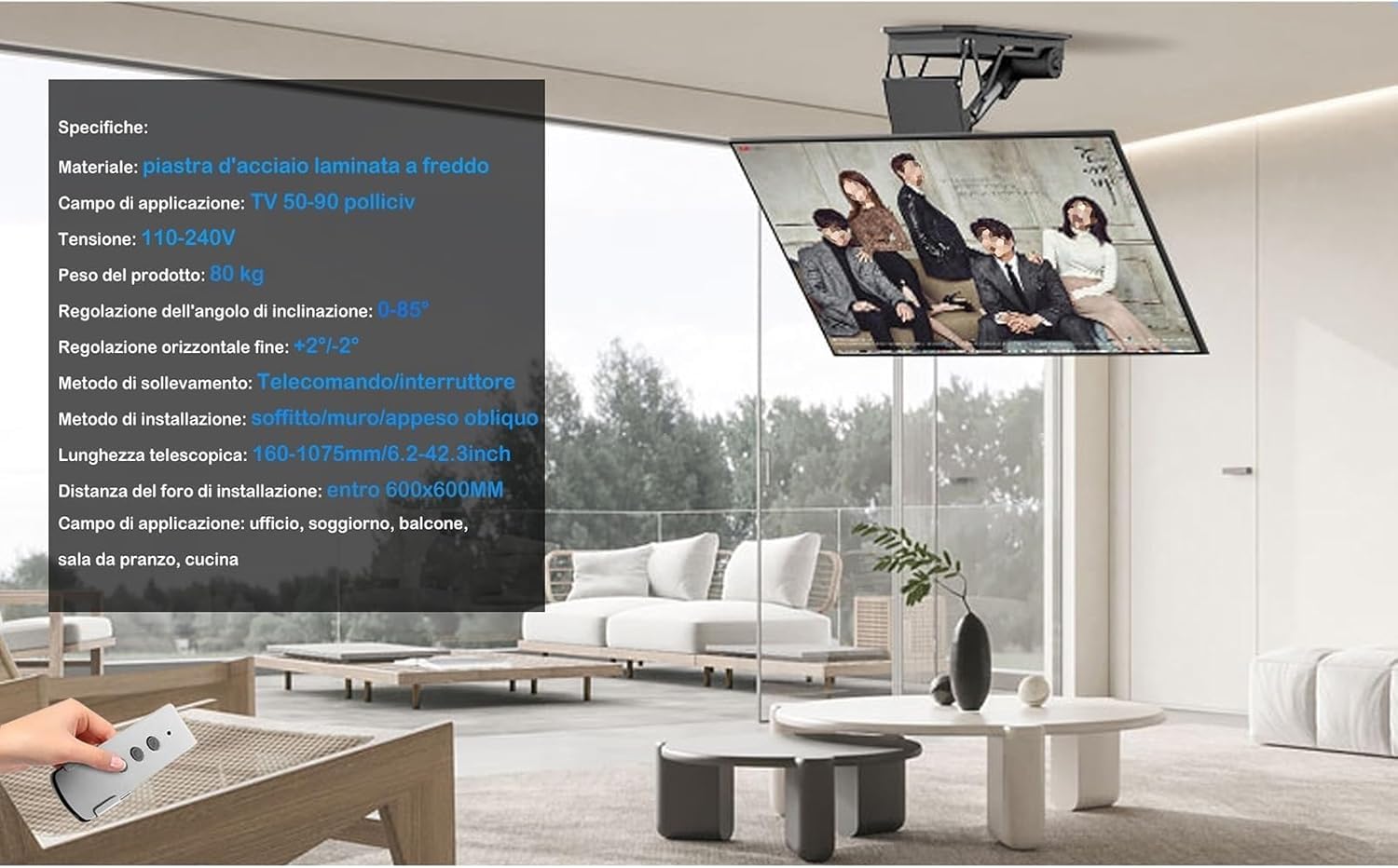 Supporto TV motorizzato for TV da 50-90 Pollici, Supporto TV da soffitto, Staffa TV motorizzata con Telecomando e Controllo Interruttore TV Supporto da Parete