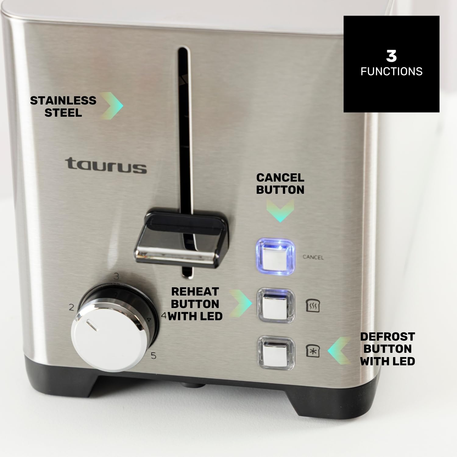 Taurus Mytoast Duplo Legend - Grille-pain 1400W, 2 fentes Extra larges, 3 fonctions, Température ajustable, Ramasse-miettes, Éclairage LED, Inox