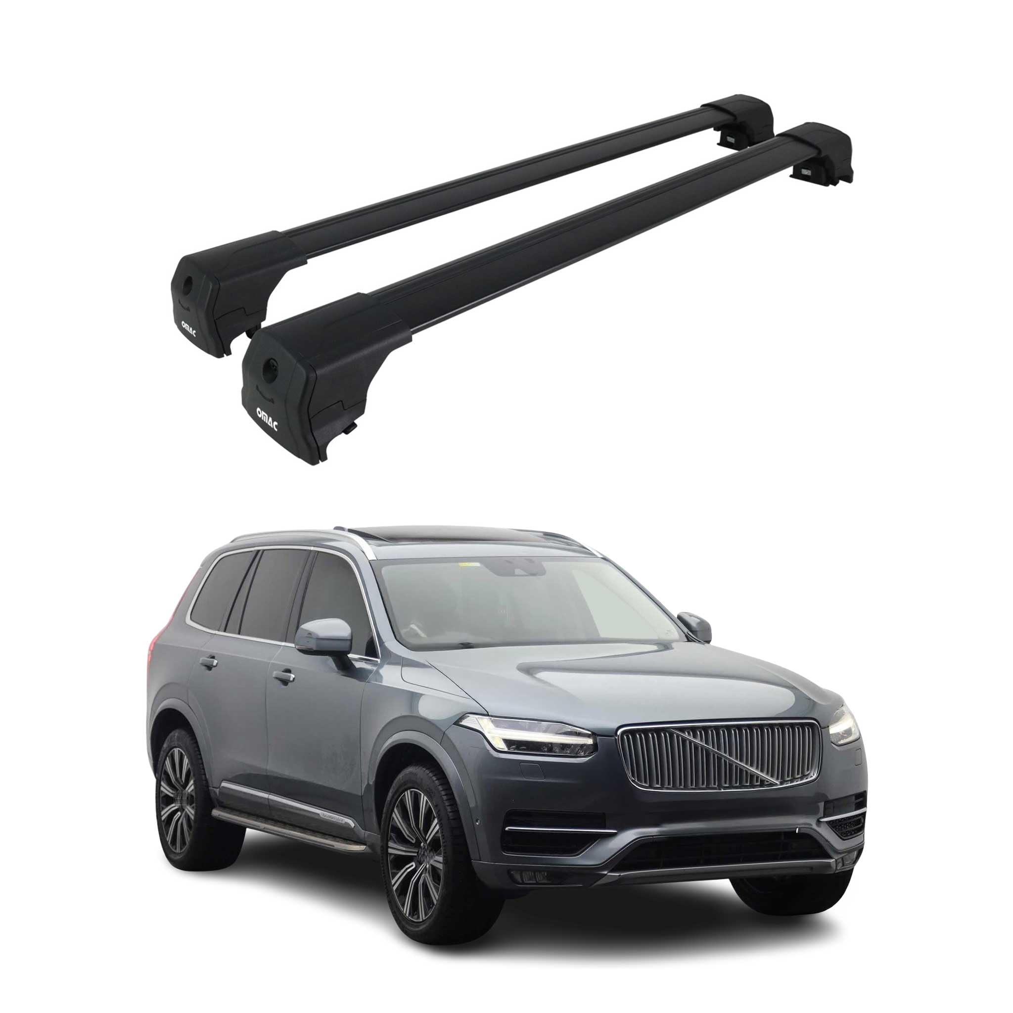 OMAC Aluminium Dachträger Querträger für Volvo XC90 II 2015-2026 – City Crash – ISO/PAS 11154:2006 – Abschließbar – Max. 75 kg – 2 Stangen Schwarz