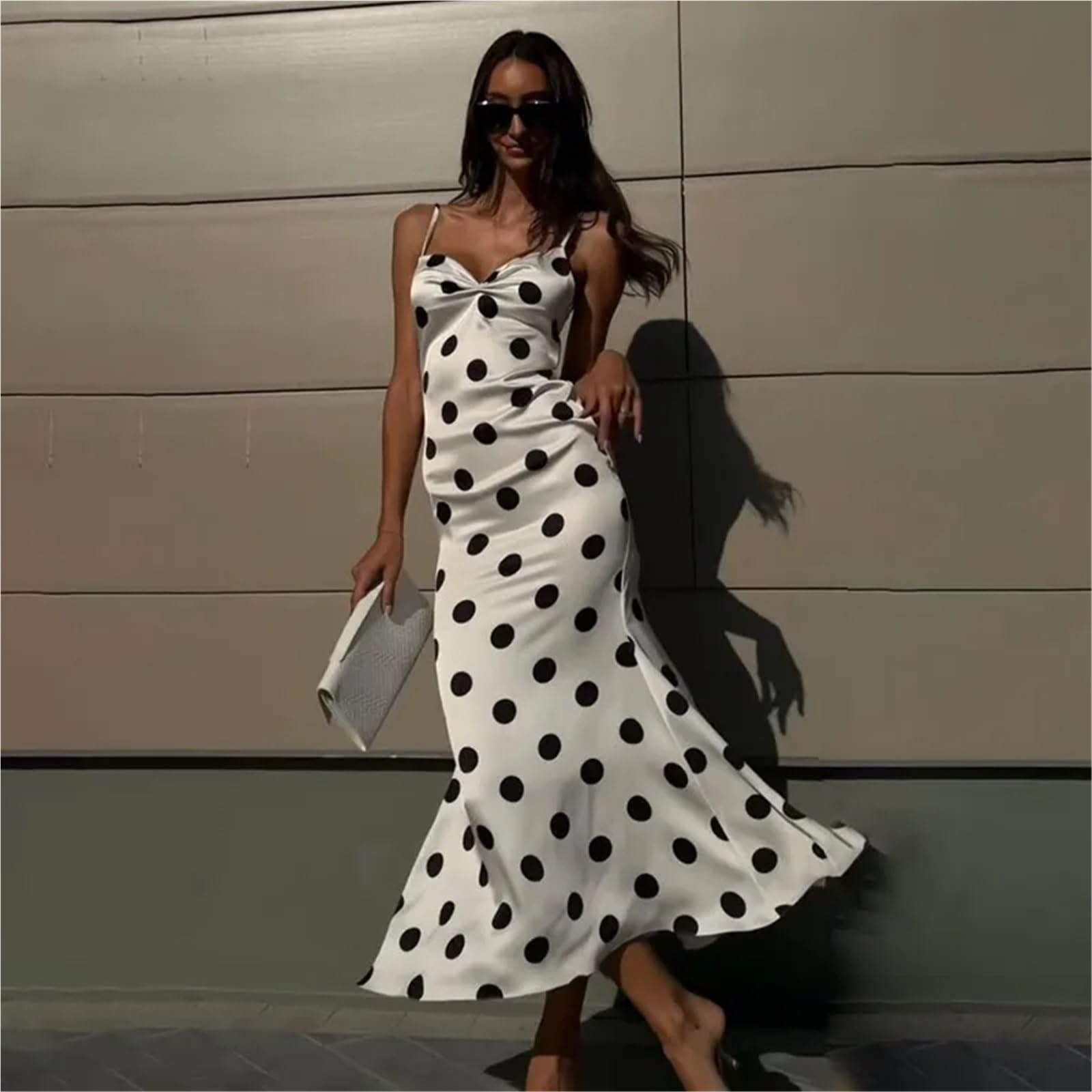 Vestido de Playa Blanco Maxi Mujer Sexy Cuello en V Estampado Patchwork Delgado Verano Elegante Fiesta Casual