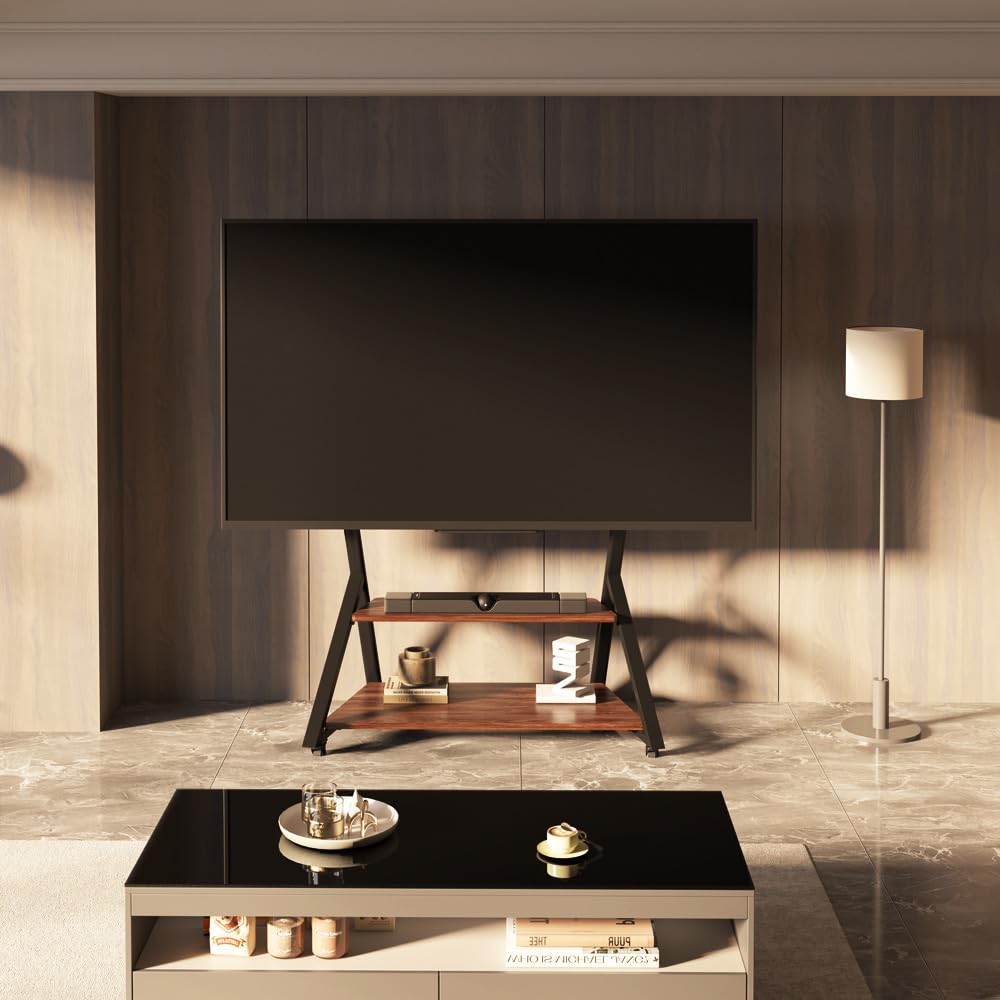 Soporte para TV con Ruedas y Estante de Madera para Pantallas Planas Curvas de 50 a 100 Pulgadas, Carrito para TV de Exterior de Alta Resistencia con Ruedas, con Capacidad para hasta 100 kg