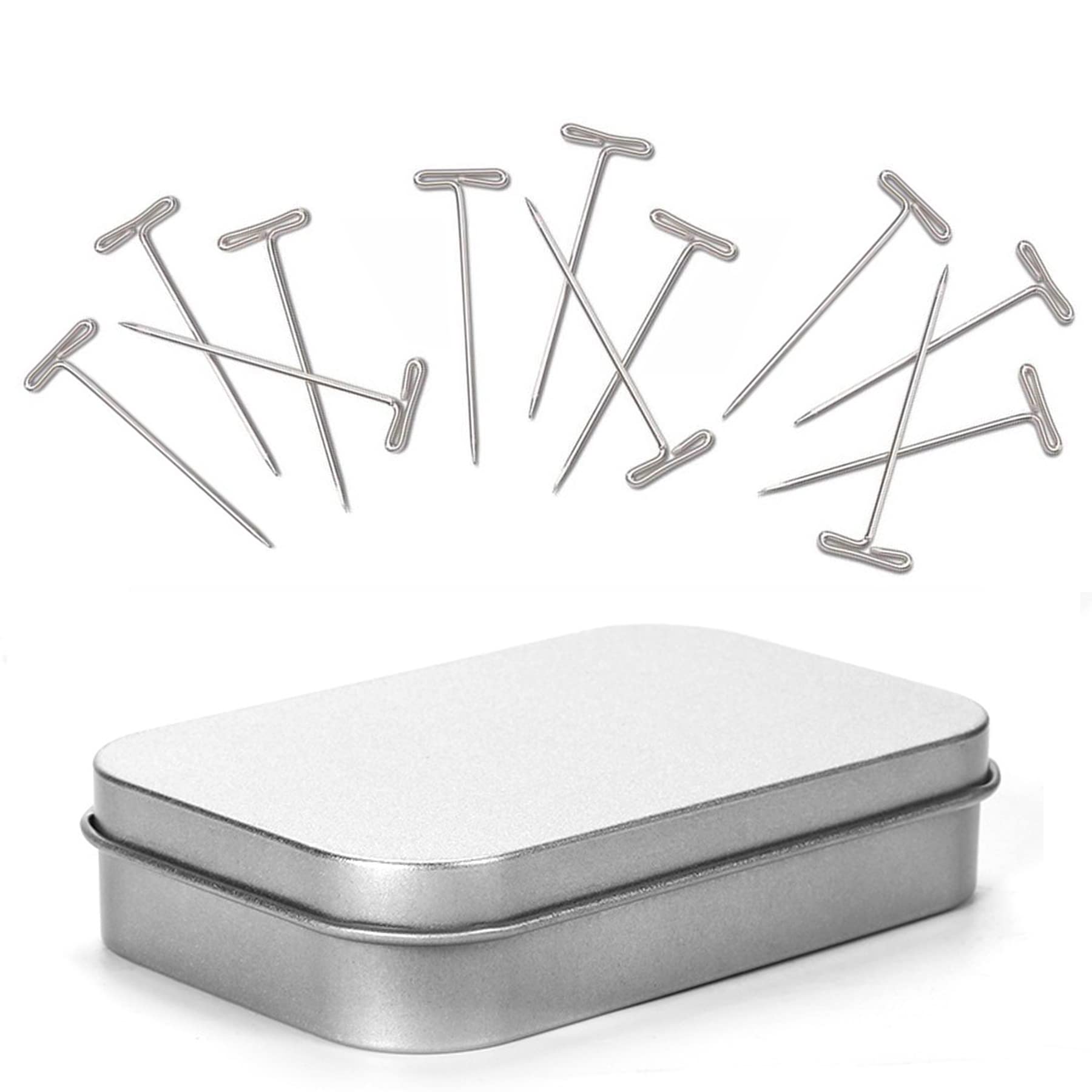 KUNWU SUS304 Real Stainless Steel 1-3/4 inch 200 Pieces Wig T-Pins for Knit & Lace Wet Blocking Modelling and Crafts with Metal Container