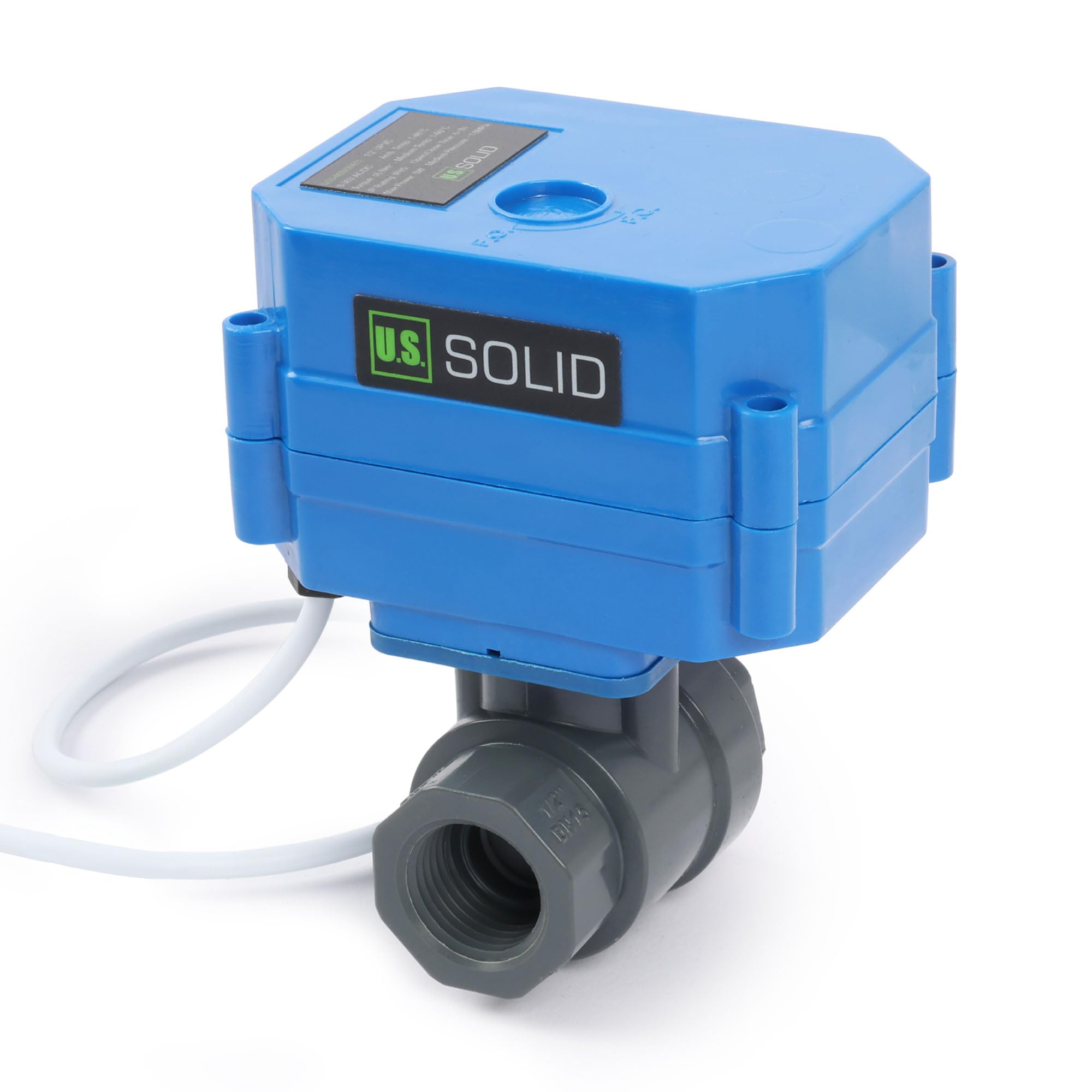 U.S. Solid Valvola a sfera motorizzata in UPVC 1/2" – Plastica, porta standard, ritorno automatico 2 fili, 9–24 V AC/DC, normalmente chiusa