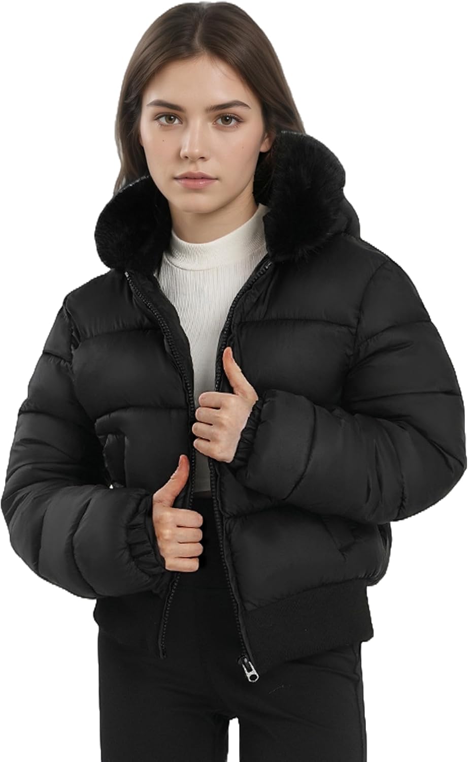 solomate Womens Winter Hooded Cropped Puffer Coats Long Sleeve Fleece Lined Jackets Quilted Short Outwear - Image 2