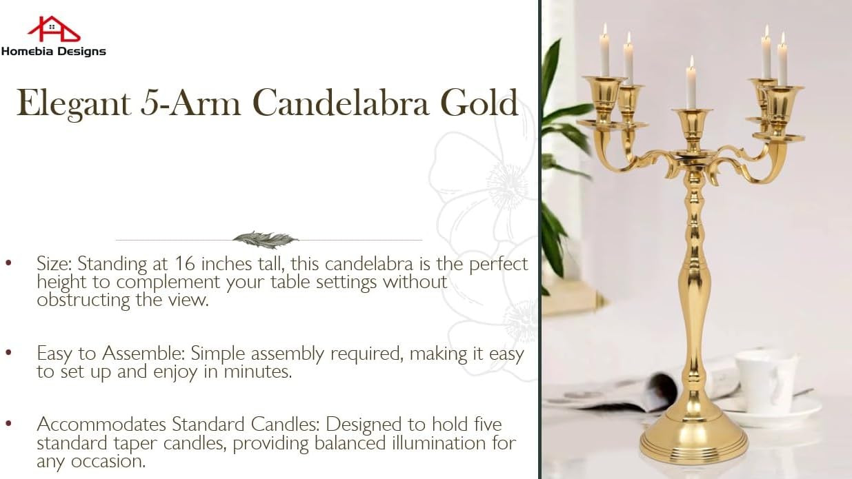 Metal Candelabra Five Arm Decorative Candlestick Holder for Weddings, Events, Dining Table Centerpiece Decoration, Halloween, Thanksgiving, Christmas, New Year & Everyday Use - 16 Inch Tall - Gold - Image 6