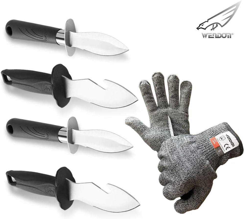 Oyster Shucking Knife and Gloves Set Oyster Knife Shucker 4pcs Opener with Cut Resistant Gloves Level 5 Protection Seafood Tools Kit Black