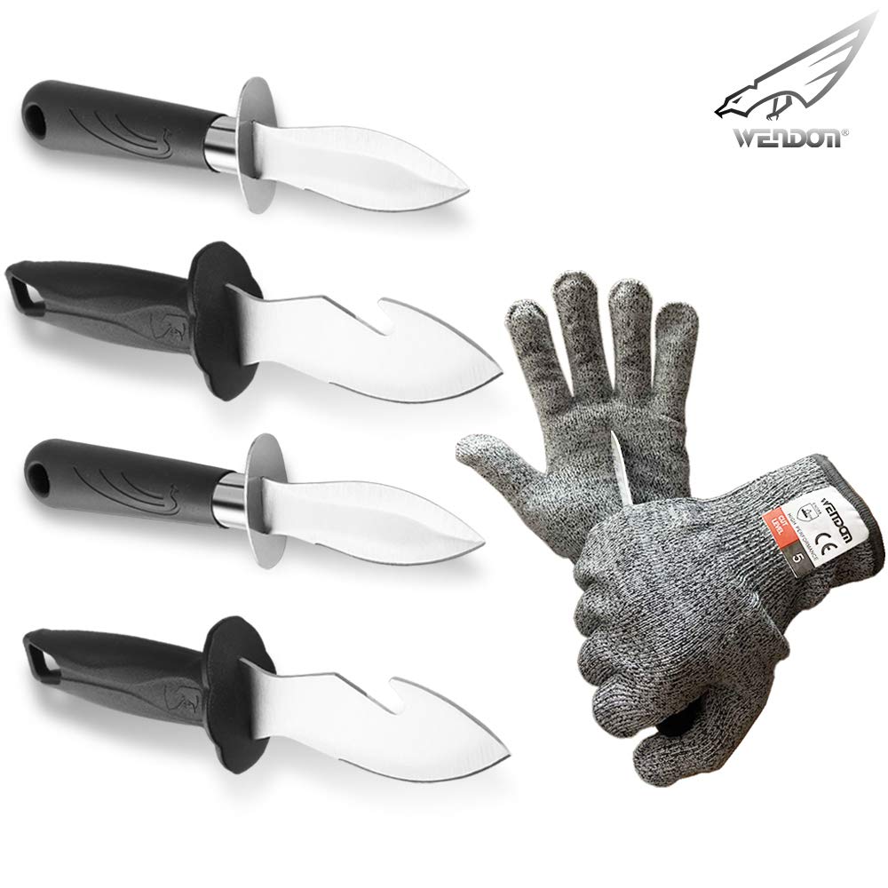 Oyster Shucking Knife and Gloves Set Oyster Knife Shucker 4pcs Opener with Cut Resistant Gloves Level 5 Protection Seafood Tools Kit Black