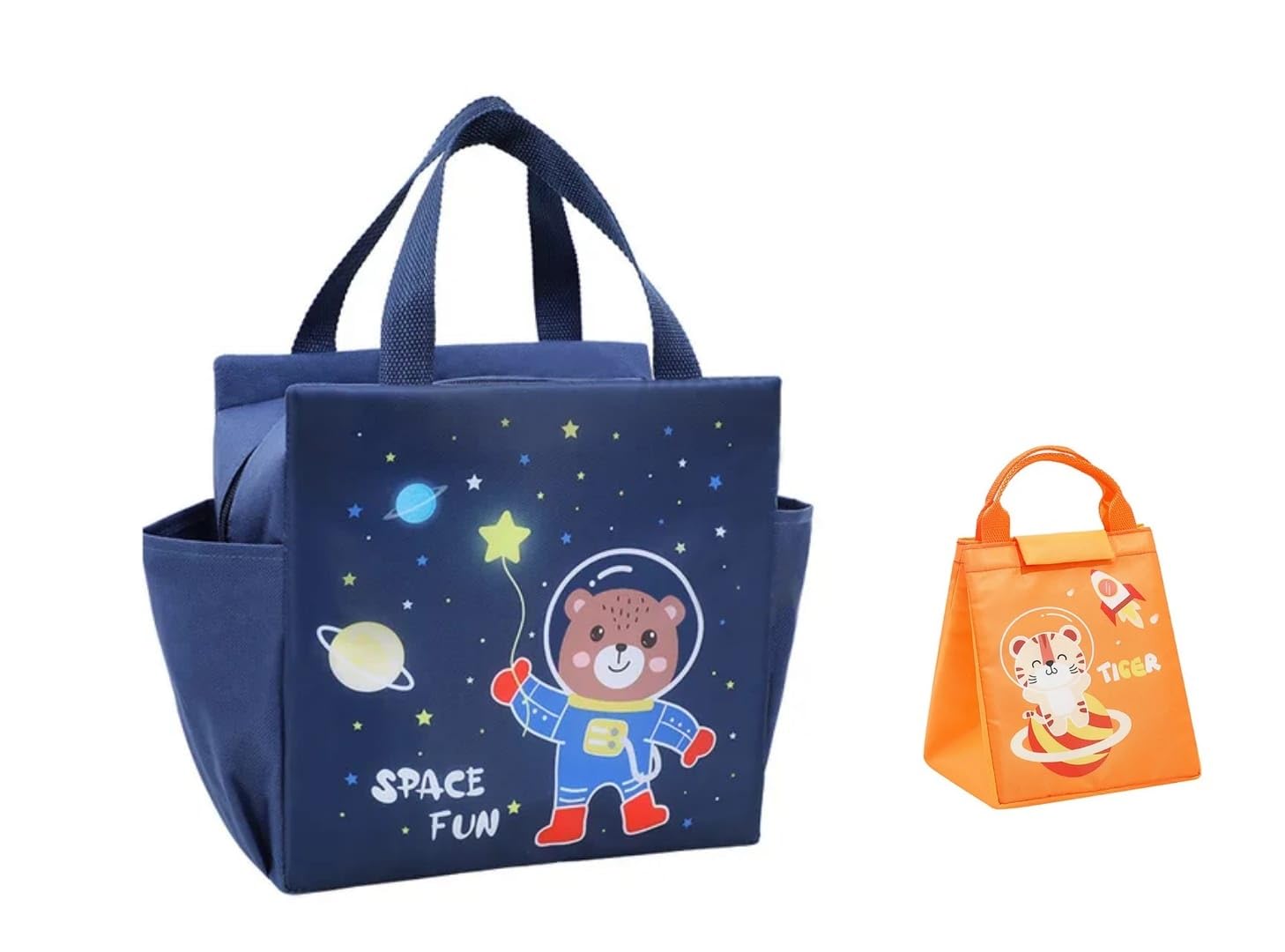 CoolKraft Insulated Lunch Bag Set, Large Animal and Small Tiger Print, 2-Piece Combo (Big - 27x27x13cm & Small - 18.5x23x16cm) (N Blue & Orange)-image-43
