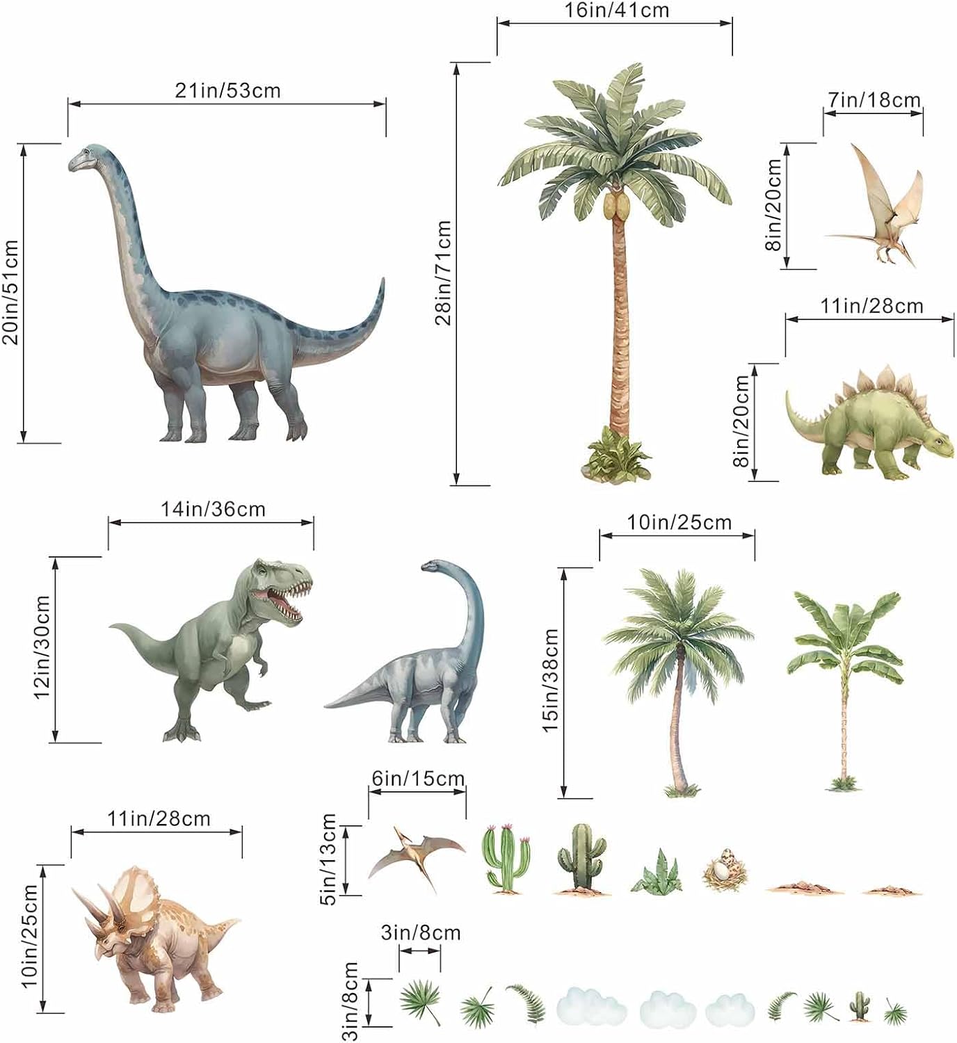 Large Dinosaur Wall Decals - Tropical Palm Tree Leaf Dino Wall Stickers - Nursery Kids Baby Boys Room Daycare Playroom Classroom Wall Decor