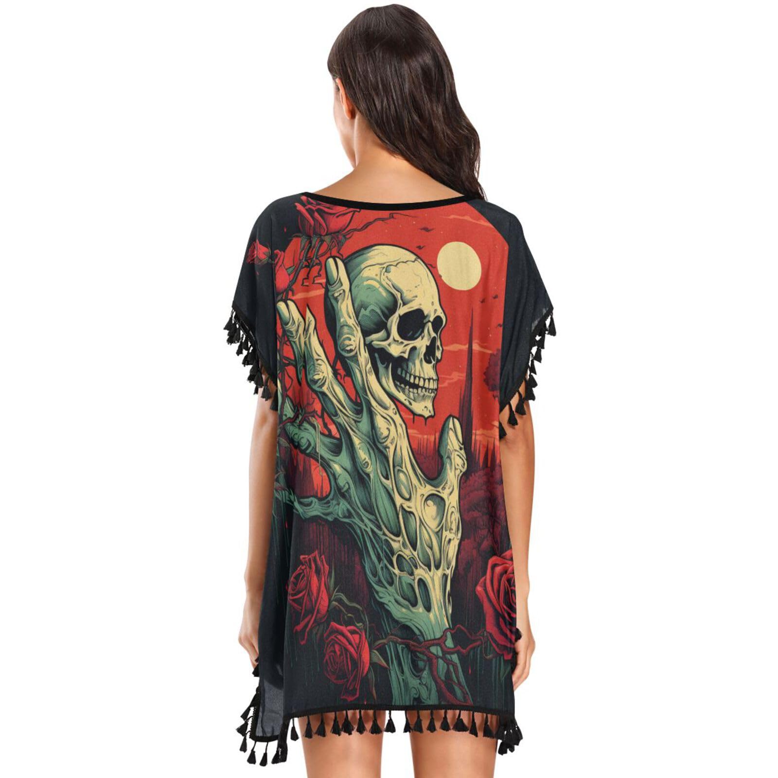 Red Rose Hand Skeleton Art Women's Beach Cover Up Chiffon Tassel Swimwear Swimsuit Coverups for Girl