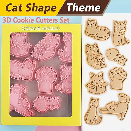 Miniatura 6 de Tuxxzis Juego de 8 cortadores de galletas de gato 3D azul de pelo corto para hornear fiestas y decoración