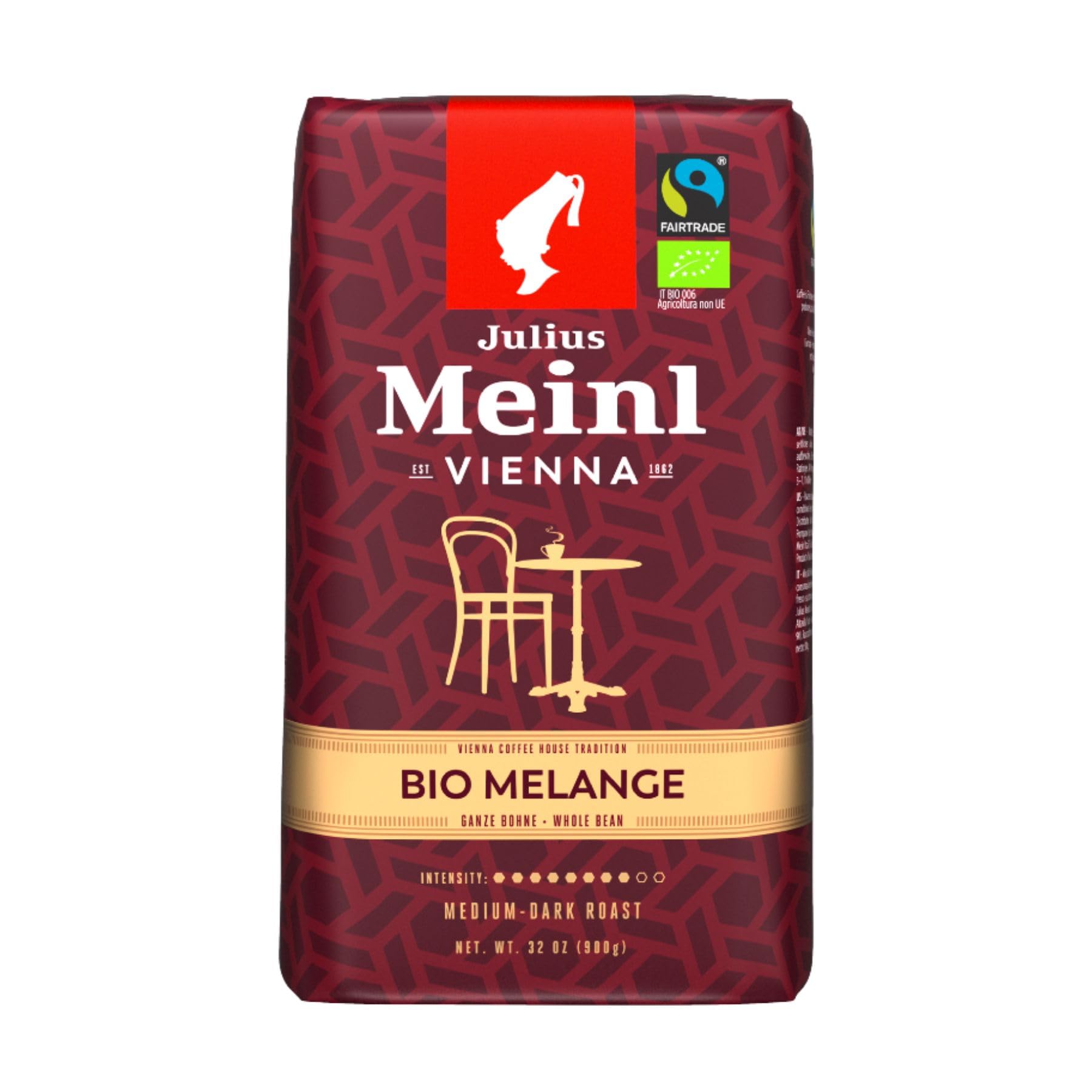 Julius Meinl Vienna Bio Melange - 900g ganze Bohnen | Premium Bio-Kaffeemischung | Wiener Melange | Aromatischer Kaffee aus 100% Arabica-Bohnen | Nachhaltig und Fair Trade zertifiziert | 3x 900g