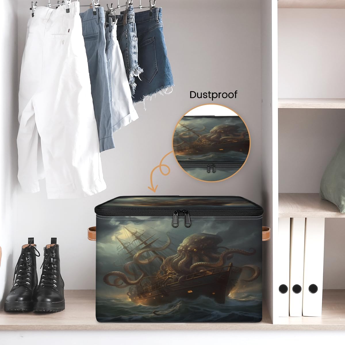 Storage Bin Set of 2 Scary Sailboat Octopus Storage Basket with Zipper Lid & Handle Foldable Closet Shelf 2 Pack Cloth Organizer Basket Cube Bins Clothes Organizer for Bedroom, Nursery