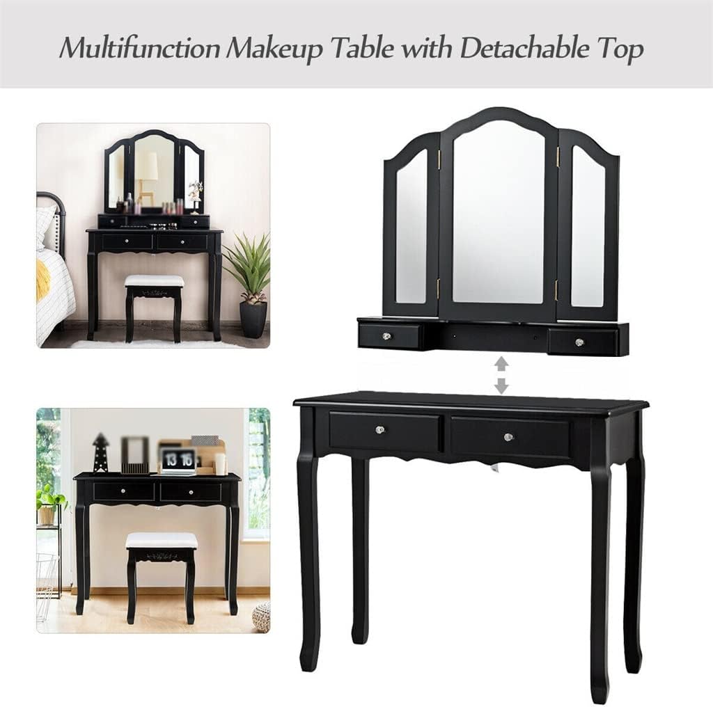 4 Drawers 3 Square Mirror Dresser with Dresser Stool Decorative Wood Table Black Furniture