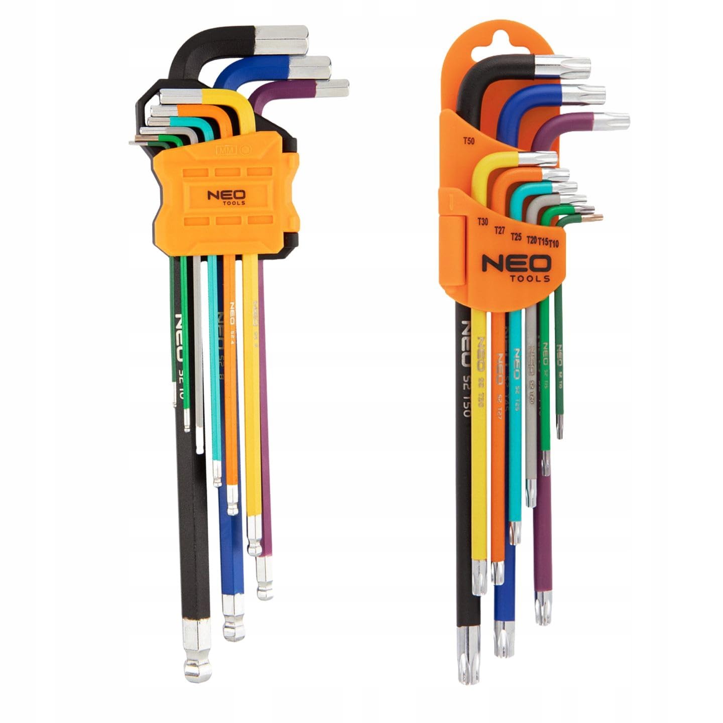 NEO TOOLS Innensechskant Satz 18tlg | Torx T10 -T50 und Hex 1,5 mm - 10 mm | Multicolour Innensechskant aus S2 Stahl | Lang Winkelschlüsselsatz mit Kugelkopf - Set in Kunststoffclip