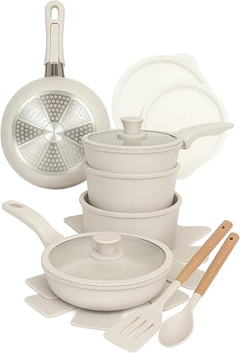 Juego de ollas y sartenes antiadherentes de 17 piezas - Juego de utensilios de cocina de acero inoxidable para cocinar - Incluye sartén, sartenes