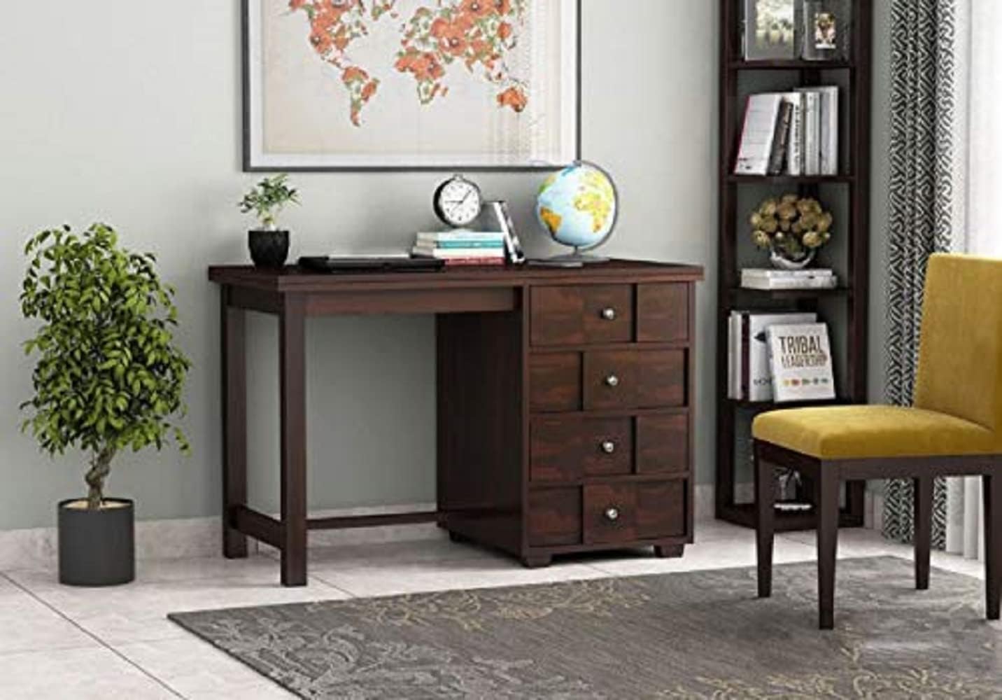 Jangid Handicraft Solid Sheesham Wood Study Table for Adults | Computer Table with Chair for Home | Wooden Writing Desk | Work from Home Table with 4 Drawers Storage | Dark Walnut Finish